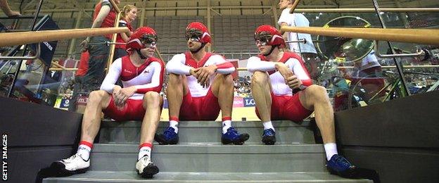 Kian Emadi, Jason Kenny and Philip Hindes of England before the team sprint final