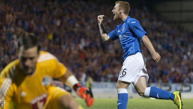 Liam Caddis celebrates his spot kick for St Johnstone against Luzern