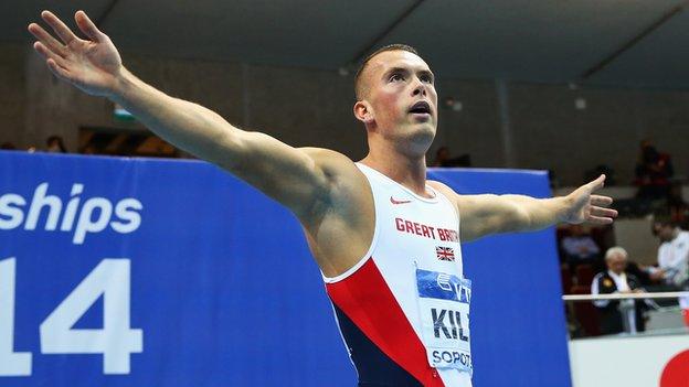 Richard Kilty celebrates after becoming World Indoor Champion