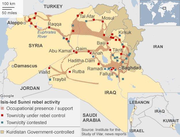 Map showing territory under Isis control