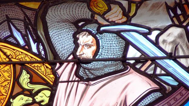 Stained glass of man with sword