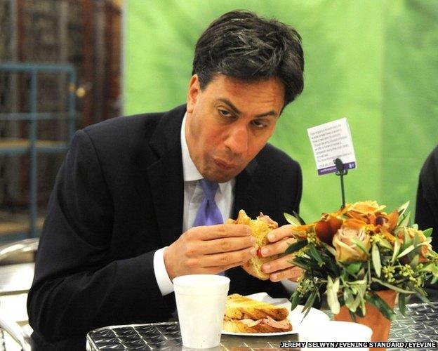 Ed Miliband eats a bacon sandwich