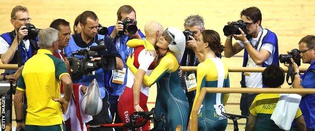 Joanna Rowsell and Annette Edmondson share an embrace following the individual pursuit final