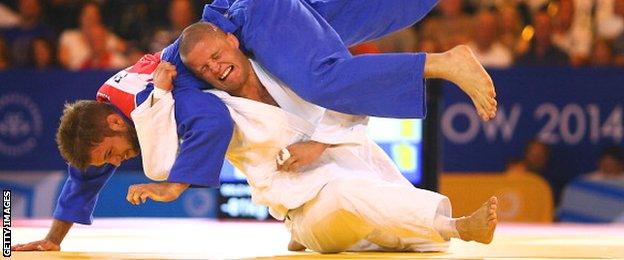 Owen Livesey in action against Tom Reed in the men's -81kg judo final