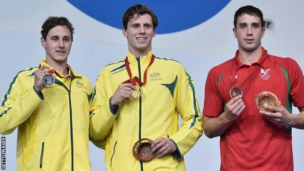 Calum Jarvis (right) with Thomas Fraser-Holmes and Cameron McEvoy