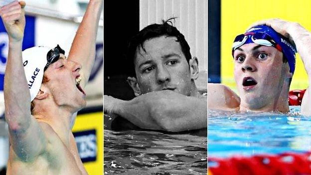 Daniel Wallace (left) and Ross Murdoch (right) celebrate their 2014 Commonwealth Games medal successes with a despondent Michael Jamieson.