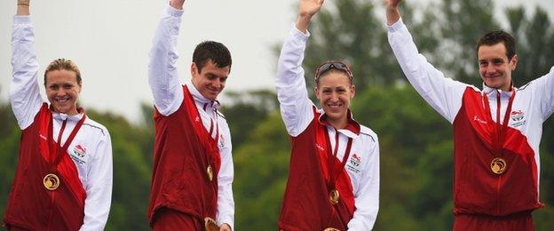 England's Vicky Holland, Jonathan Brownlee, Jodie Stimpson and Alistair Brownlee