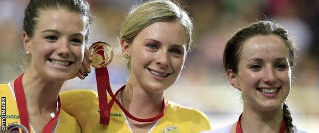 Australia's gold medallist Annette Edmondson (centre), Australia's silver medallist Amy Cure (left) and Wales's bronze medal Elinor Barker (right)