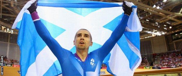 Neil Fachie of Scotland celebrates after winning gold in the men's sprint B tandem final