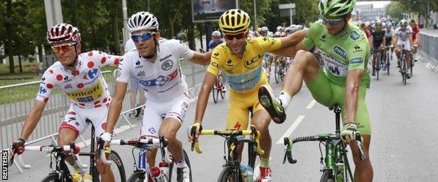 (l-r) Rafal Majka, Thibaut Pinot, Vincenzo Nibali and Peter Sagan