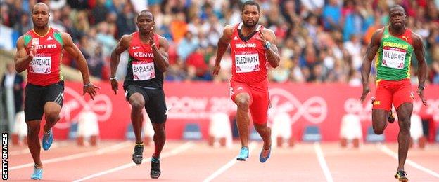 Brijesh Lawrence of St Kitts and Nevis, Stephen Barasa of Kenya, Keston Bledman of Trinidad and Tobago and Paul Williams of Grenada competes in the Men's 100m