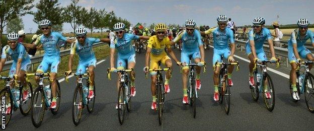 Vincenzo Nibali (in yellow) and his Astana team-mates on the final ride to Paris