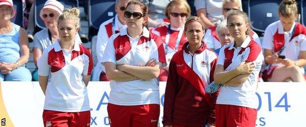 Sophie Tolchard (right) with her England team-mates Jamie-Lea Winch (left) Sian Gordon and Ellen Falkner