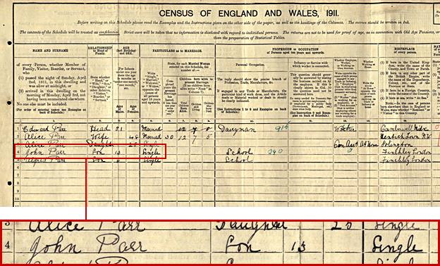 1911 census showing the Parr family in North Finchley