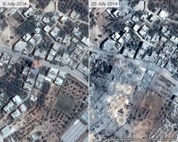 Image shows an area of Shijaia in Gaza City before the offensive and after Israeli strikes