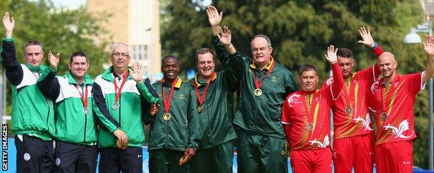 The medal winners from the bowling triples event at the Commonwealth Games.