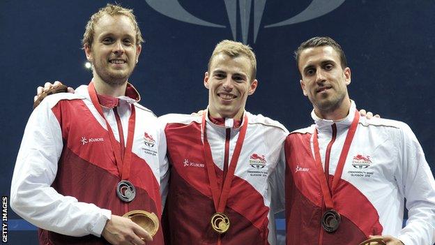 James Willstrop (left), Nick Matthew (centre) and Peter Barker