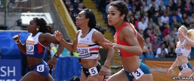 Williams (right) is matching results of much more mature runners like Asha Philip (left) and Ashleigh Nelson (centre)