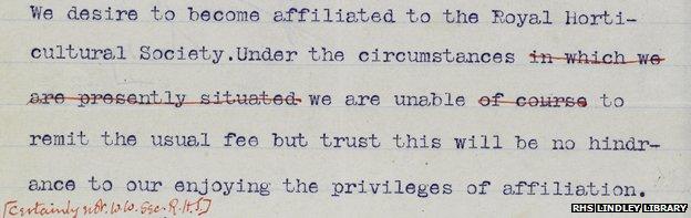 Detail from letter reads: "We desire to become affiliated to the Royal Horticultural Society. Under the circumstances we are unable to remit the usual fee but trust this will be no hindrance to our enjoying the privileges of affiliation"