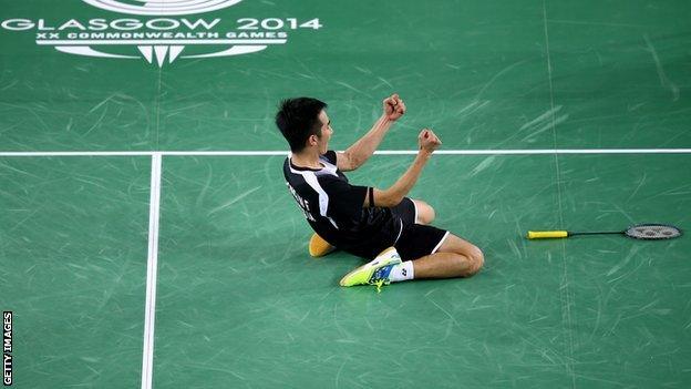 Chong Wei Feng celebrates after beating Rajiv Ouseph