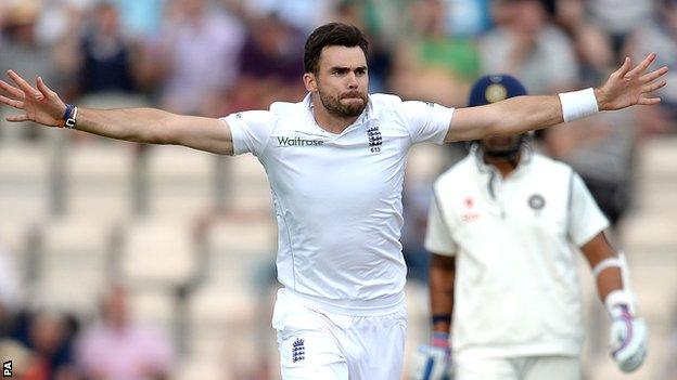 England's James Anderson celebrates a wicket