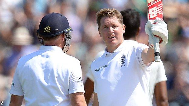 England's Gary Ballance celebrates reaching 150