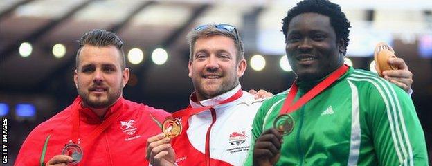 Wales' Aled Davies, England's Dan Greaves and Richard Okigbazi of Nigeria