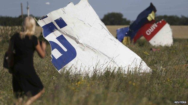 A woman walking past wreckage at the crash site of Malaysia Airlines flight MH17