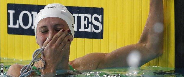 Carlin cannot hold back the tears as she wins the 800m freestyle