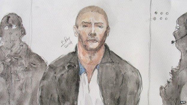 A drawing of Mehdi Nemmouche during a court hearing in Versailles, France - 26 June 2014