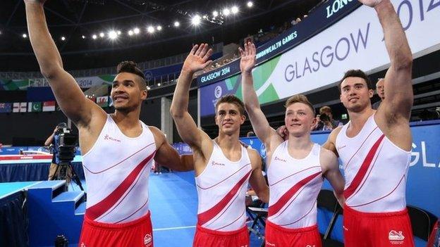 England's Louis Smith, Max Whitlock, Nile Wilson and Kristian Thomas