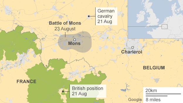 Map of British and German positions around Mons on 21 August 1914