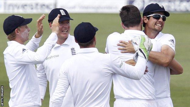 England celebrate a wicket