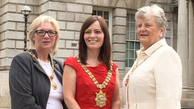 The lord mayor pictured with deputy lord mayor Maire Hendron (left) and Belfast High Sheriff Lydia Patterson (right)