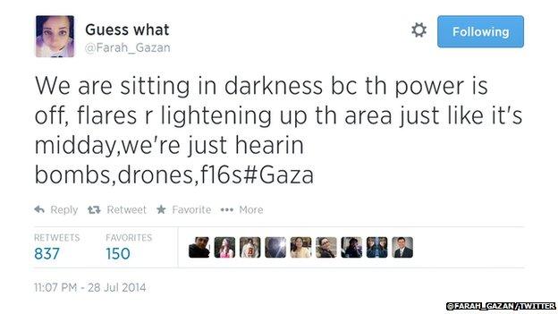 A 16-year-old girl is believed to have taken to Twitter during a bomb attack by Israel.