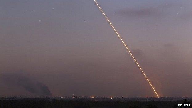 A rocket fired from Gaza heads towards Israel, 29, July 2014