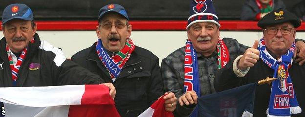 France fans cheer on the women's team during their Six Nations match against Wales