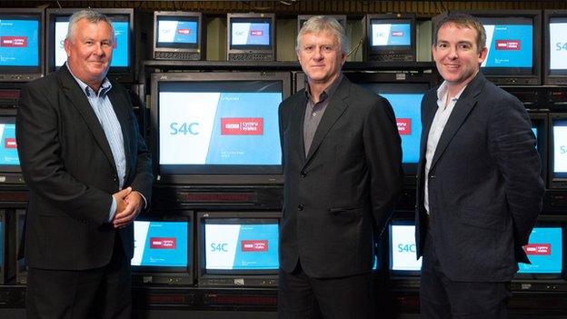 Jon Davis, Pro12 Rugby; Ian Jones, S4C Chief Executive; Rhodri Talfan Davies, Director BBC Cymru Wales