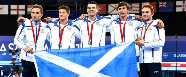 Scotland's Commonwealth silver-winning men's gymnastics team of Daniel Keatings, Frank Baines, Adam Cox, Liam Davie and Daniel Purvis