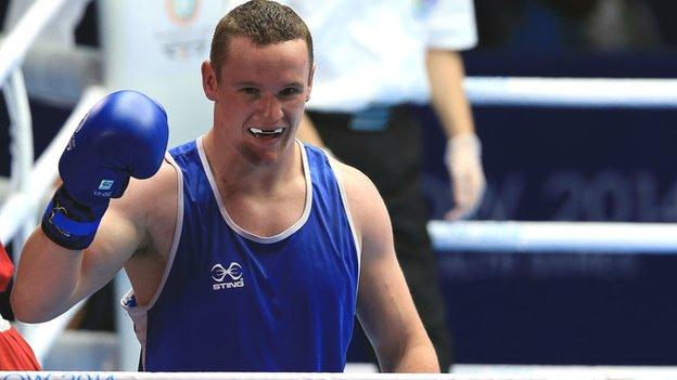 Sean McGlinchy celebrates his quarter-final victory