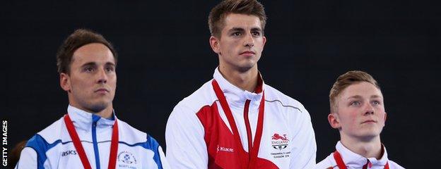 L-R Dan Keatings (Scotland) Max Whitlock (England) and Nile Wilson (England)