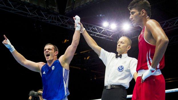 Stephen Lavelle celebrates his win over Indian counterpart Amritpreet Amritpreet Singh