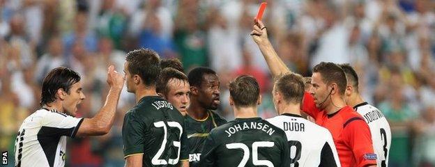 Efe Ambrose was sent off for Celtic in the first half against Legia Warsaw