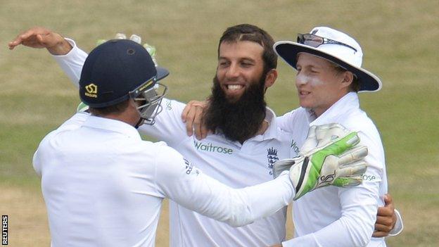 England's Moeen Ali is congratulated