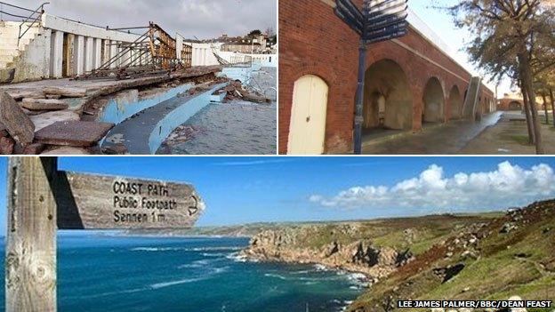 Jubilee Pool Lido, historic arches in Portsmouth and the coast in Lands End