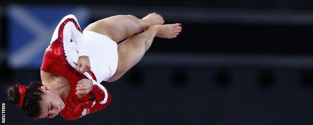 Claudia Fragapane airborne in the vault final at the Commonwealth Games