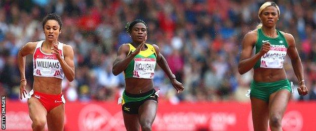 Blessing Okagbare (right) wins 200m gold ahead of Jodie Williams (left), who took silver