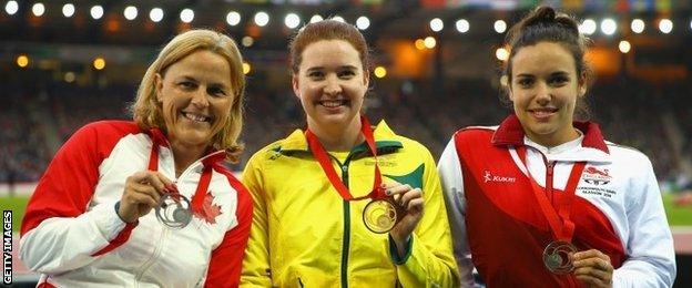 Silver medallist Diane Roy, champion Angie Ballard and bronze medallist Jade Jones