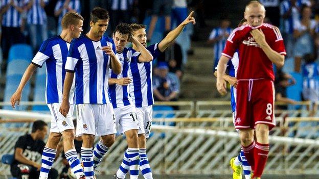 Real Sociedad substitute Sergio Canales (right) celebrates his goal against Aberdeen.