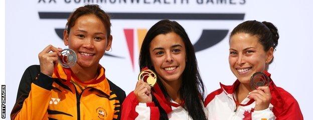 L-R Pandelela Rinong Pamg (Mas), Meaghan Benfeito (Can) and Roseline Filion (Can)